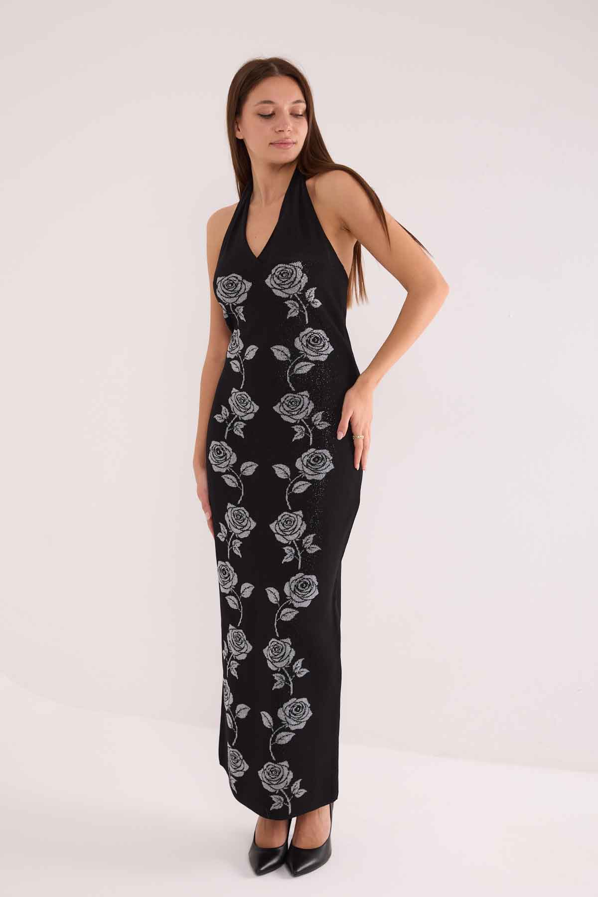 26504 - Triko Rayon İplik Çiçek Desenli Uzun Sırtı Açık Arkadan Bağlamalı Yılbaşı Simli Kokteyl Elbise