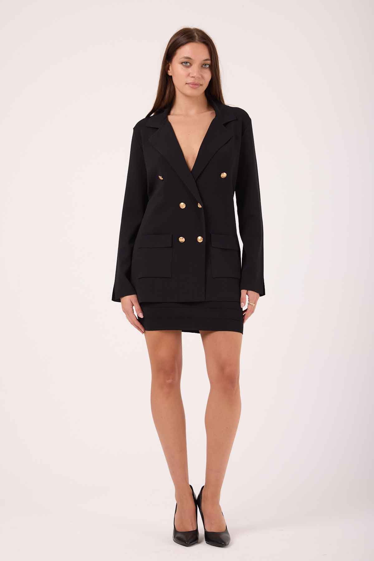 26515 - Triko Rayon İplik Düğmeli Blazer Cepli Ceket