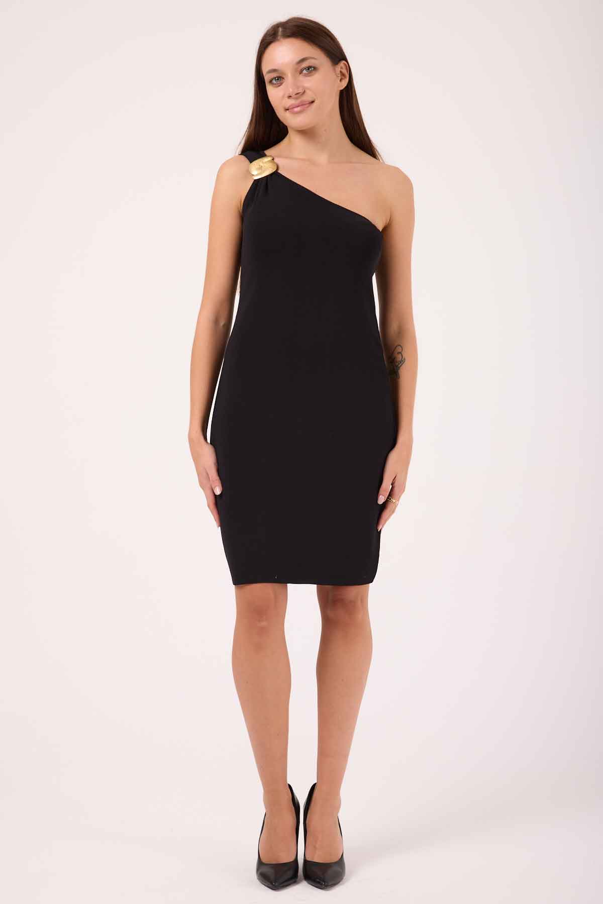 26519 - Triko Rayon İplik Tek Omuz Aksesuarlı Kısa Kokteyl Elbise