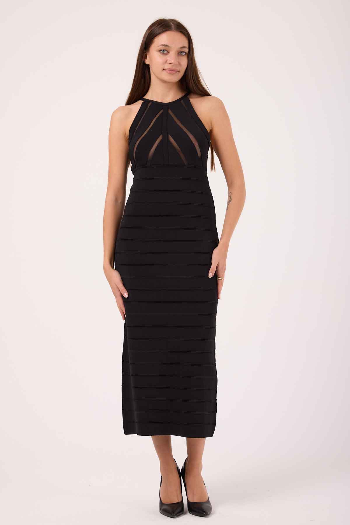 26509 - Triko Rayon İplik Tül Garnili Uzun Arkadan Bağlamalı Askılı Kokteyl Dekolte Elbise